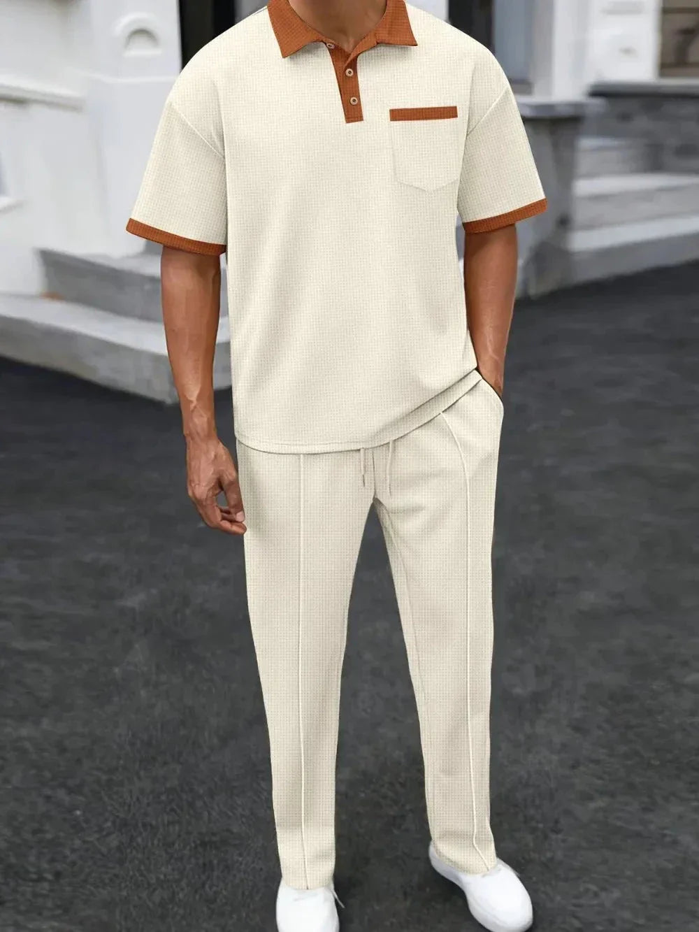 Men's Full Size Waffle-Knit Contrast Polo and Pants Set Plus Size